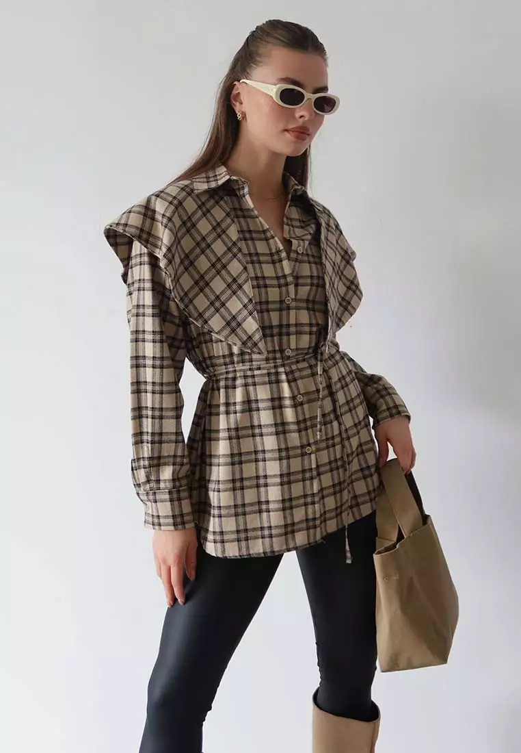 Plaid Detachable Shawl Detailed Shirt