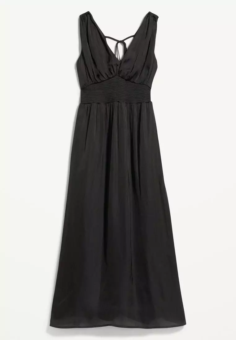 Waist-Defined Tie-Back Satin Maxi Dress for Women