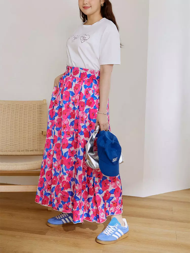 Satin pleated print flared skirt [CA2952]