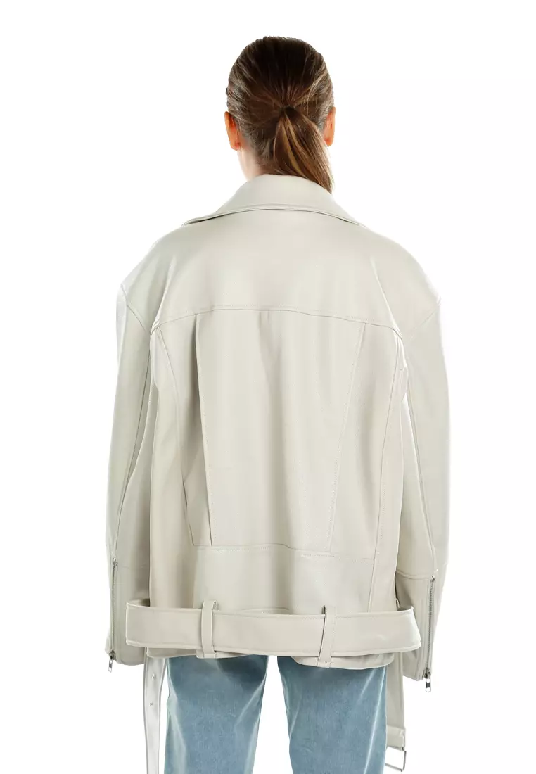 Unisex Belted Oversized Biker Jacket in Stone