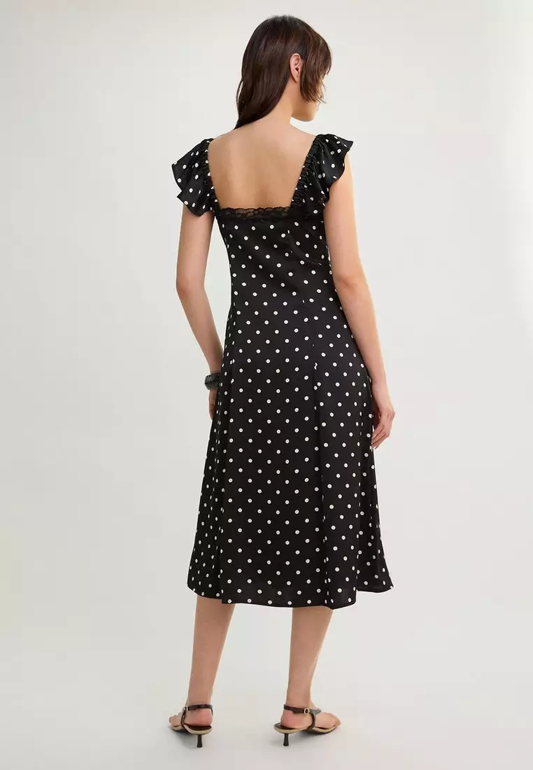 Ruffle Strap Polka Dot Midi Dress - Black
