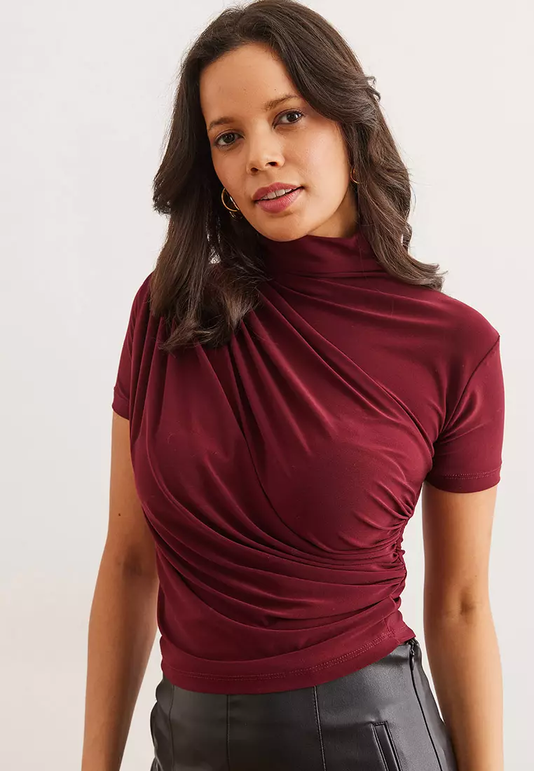 Women's Burgundy Draped Detail Short Sleeve Flowy Blouse Blz- 19002672