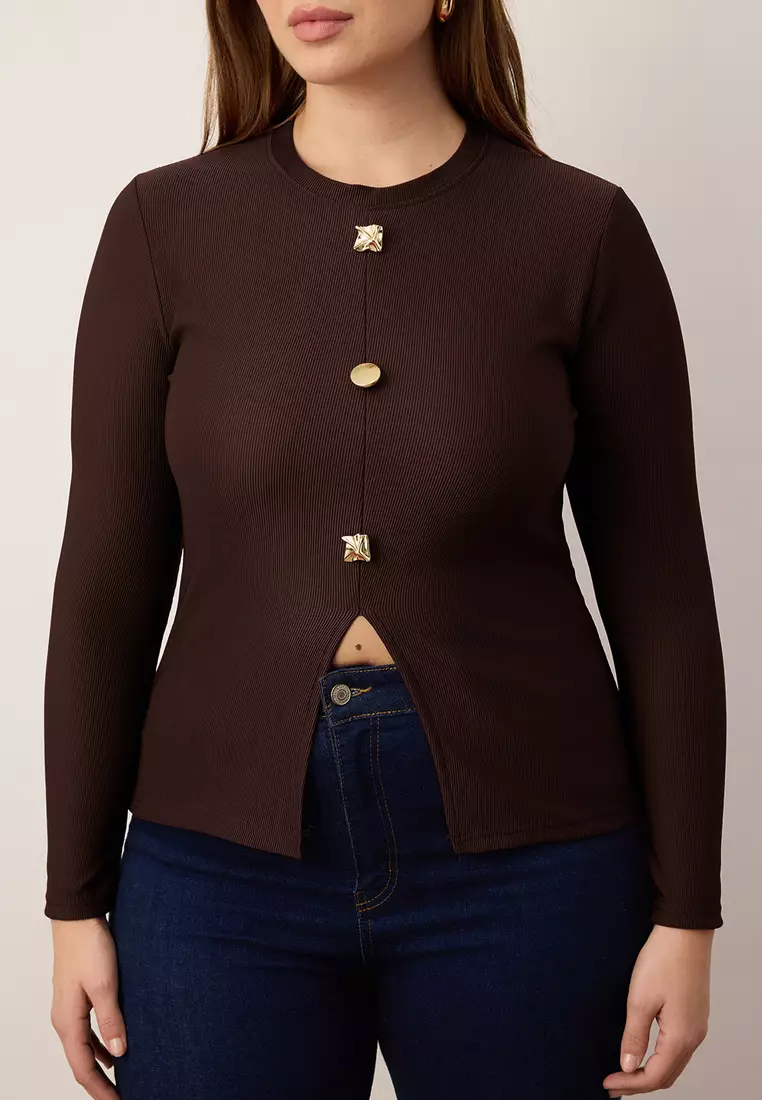 Brown Accessory Buttoned Long Sleeve Ribbed Knitted Plus Size Blouse Tbbaw26Af00078