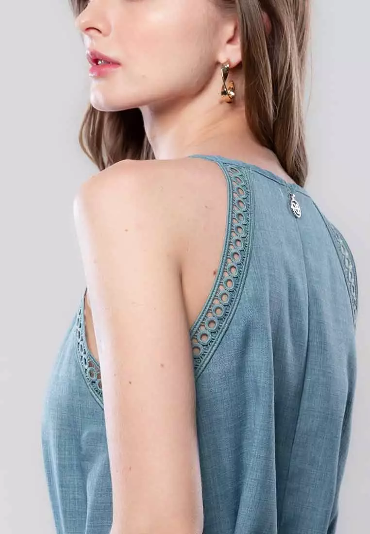 Rosaline Halter Sleeveless Dress with Trimming Detail and Sash Belt