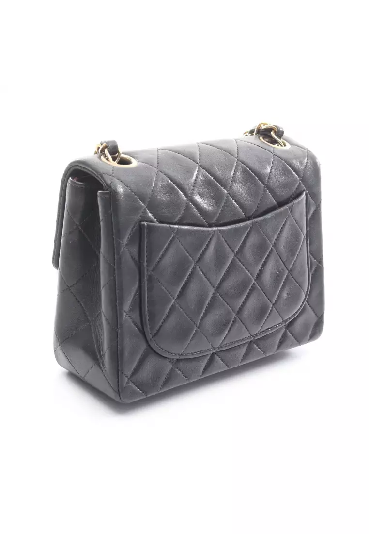 Pre-Loved Chanel mini matelasse chain shoulder bag lambskin black gold hardware