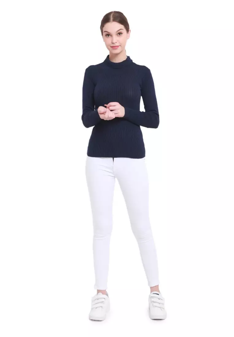 Misel Sweater Rajut Turtle Neck Long Sleeves Atasan Ribbed Wanita - Navy