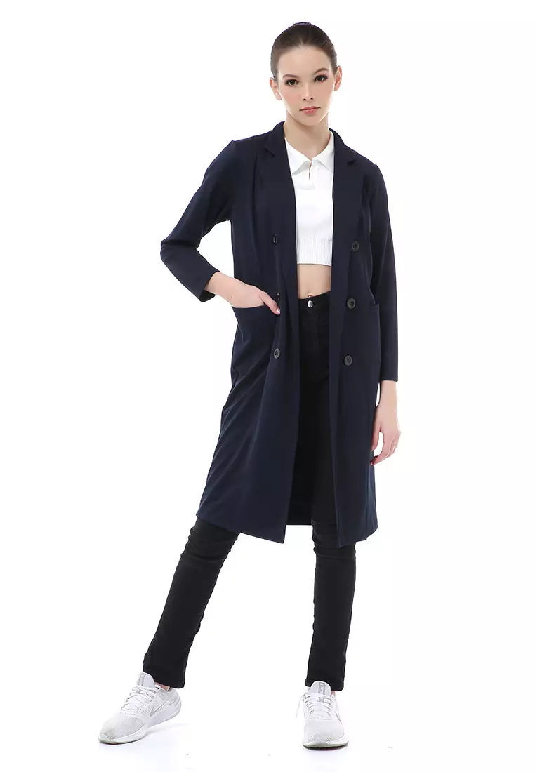 Myra Outerwear Wanita Long Blazer Desain Kancing Plain Motive Material Wedges ORIGINAL - Dark Navy