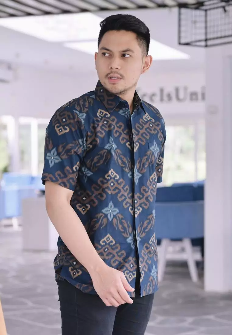 kemeja batik pria lengan pendek batik  blue s343