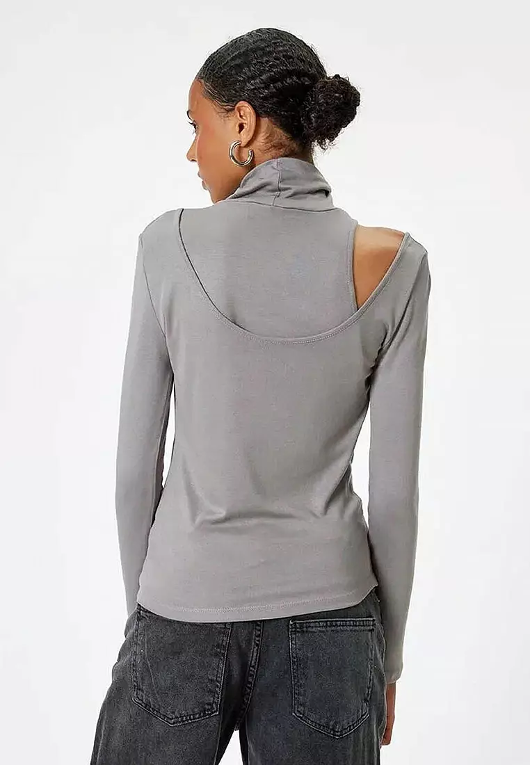 Long Sleeve T-Shirt Turtleneck Window Detailed Viscose Fabric