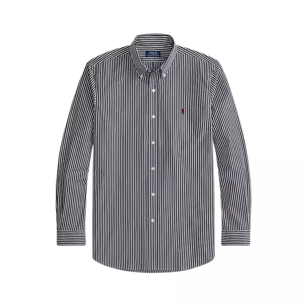 Striped Stretch Cotton Logo Shirt Navy