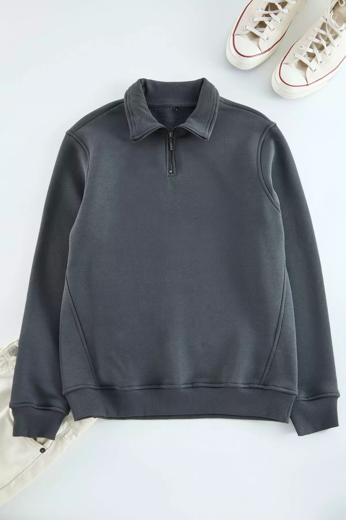 Anthracite Regular/Normal Cut Stand Collar Zippered Warm Basic Sweatshirt TMNAW24SW00041