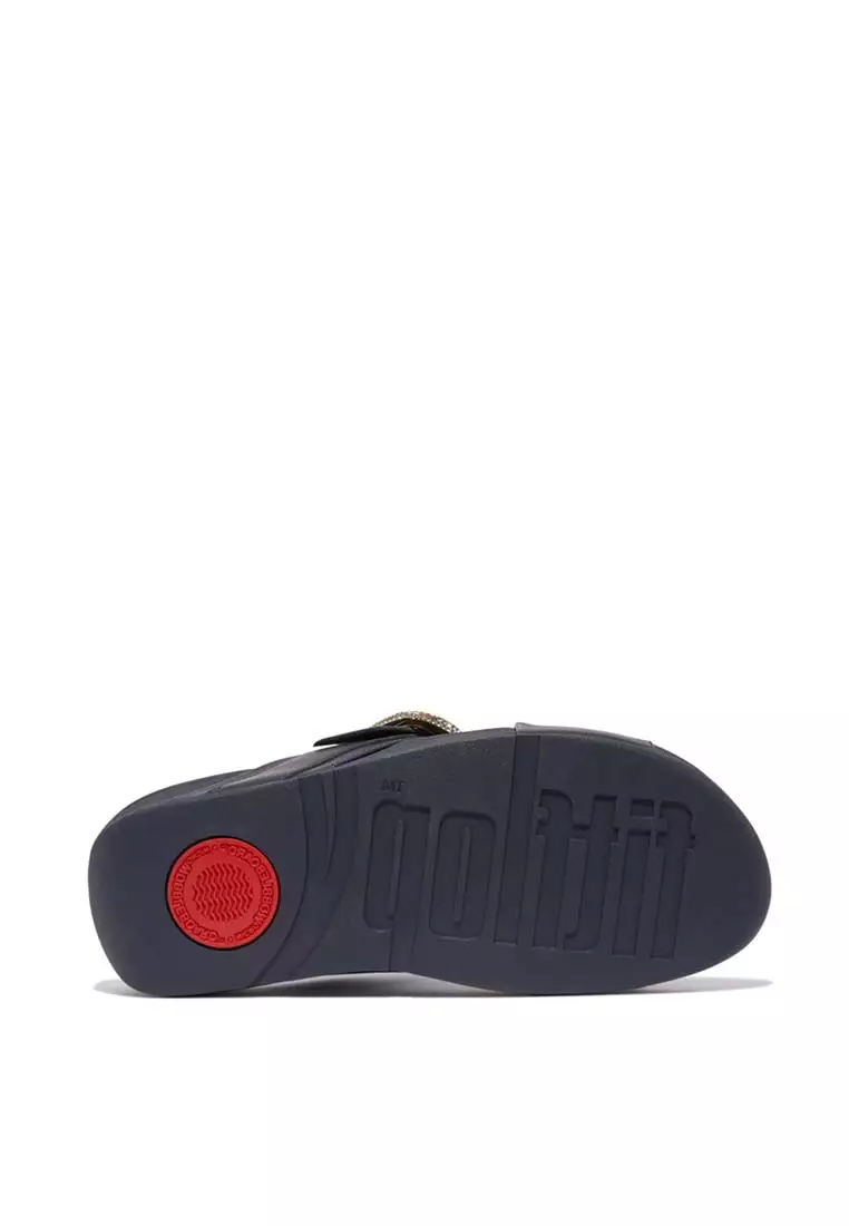 FitFlop LULU Crystal-Buckle Leather Cross Slides - Midnight Navy (HO1-399)