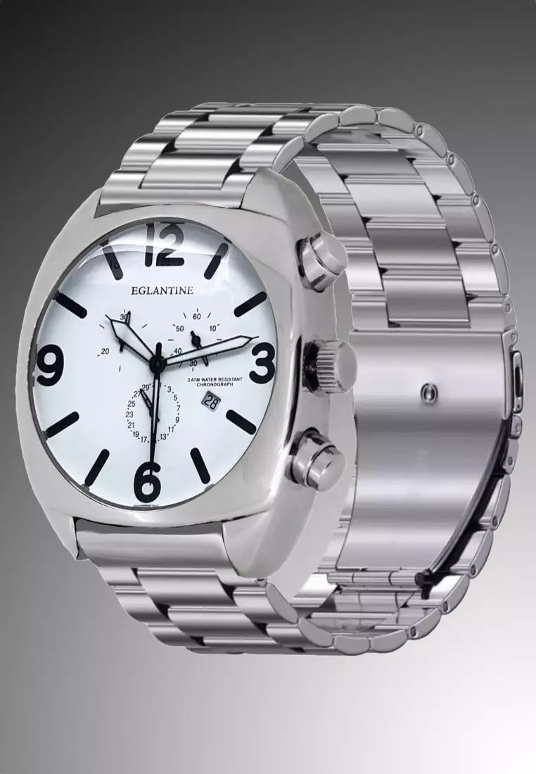 XXL Big Bubble Men's Chronograph Stainless Steel Quartz Watch, 47x45mm, White Dial, Stainless Steel Bracelet