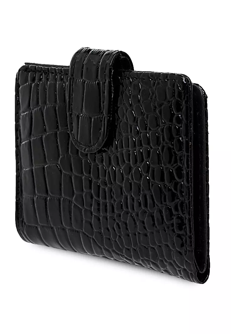 Dompet Kartu Motif Croco Detail Snap Kancing Card Wallet Wanita - Hitam