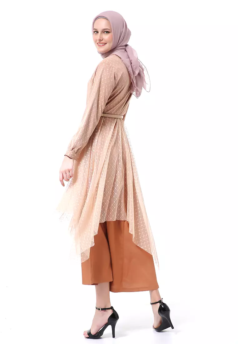 Zahwa Long Dress Gamis Muslimah Long Sleeve Free Belt High Quality - Mocha