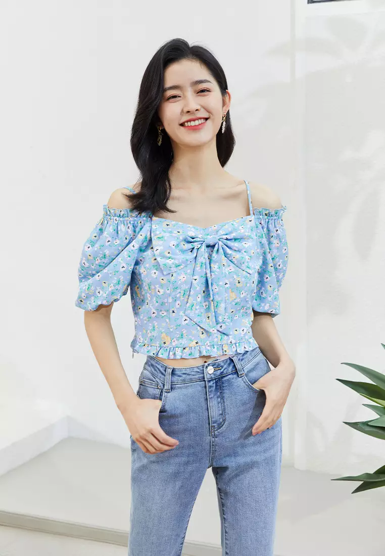 Off Shoulder Blouse with Front Ribbon Tie