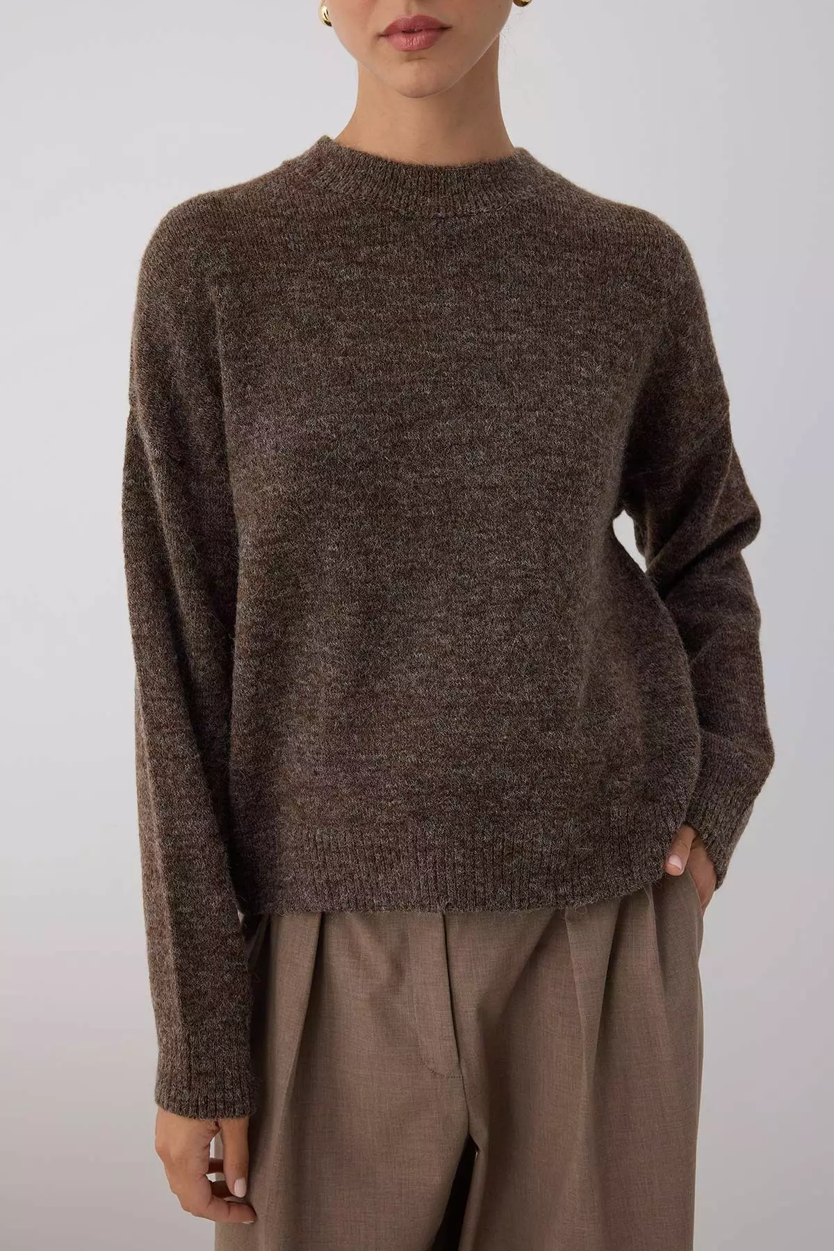 Mink Alpaca Wool Blended Premium/Special Yarn Wide Fit Basic Knitwear Sweater