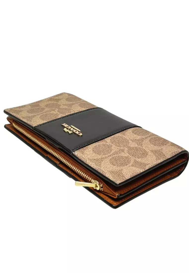 Slim Zip Wallet In Signature Canvas With Stripe - Tan/Black