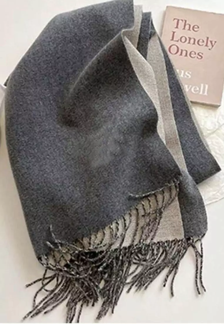 Double Side Plain Cashmere Virgin wool Pashmina Syal Wanita Dua Sisi Ash Grey