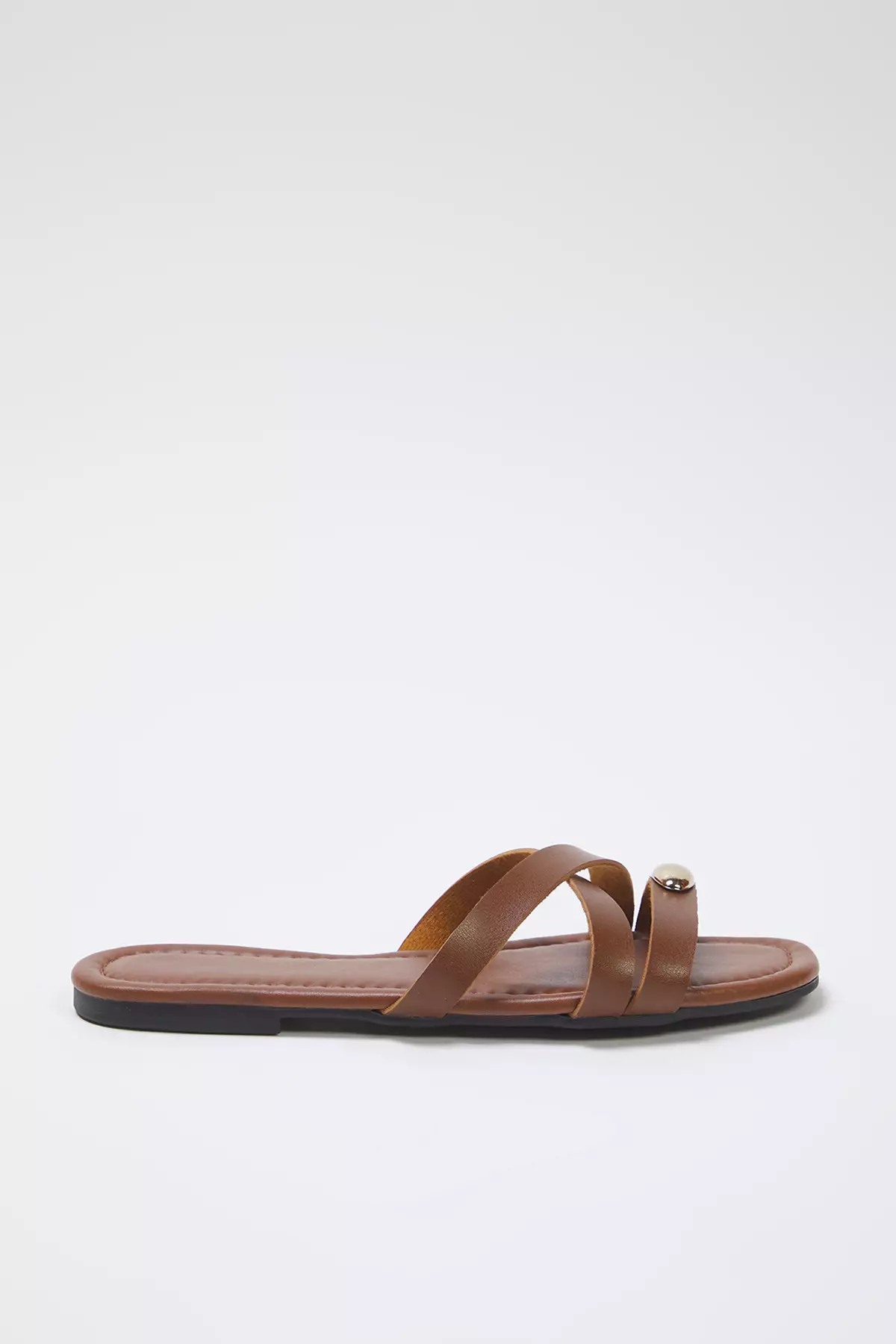 Tan Metal Decorated Cross Banded Flat Women's Stylish Slippers Takss25Te00046