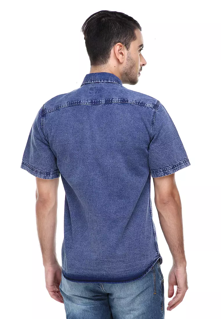 Dwan Casual Shirt Baju Kemeja Jeans Pria Lengan Pendek Material Denim ORIGINAL - Navy