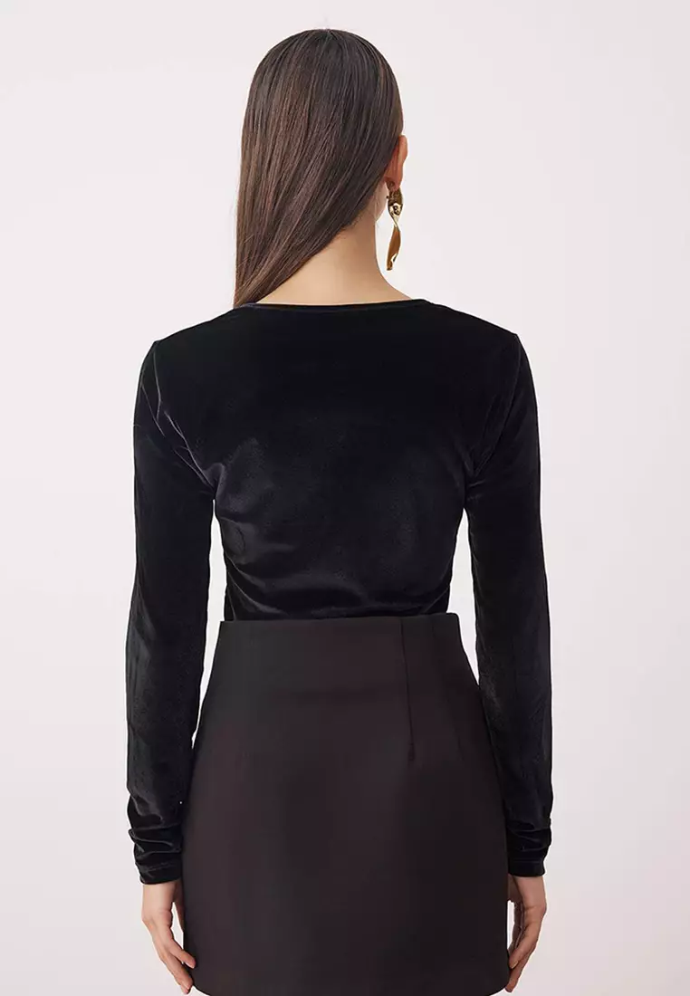 Sexy Black V Neck Solid Tulle Bodysuit