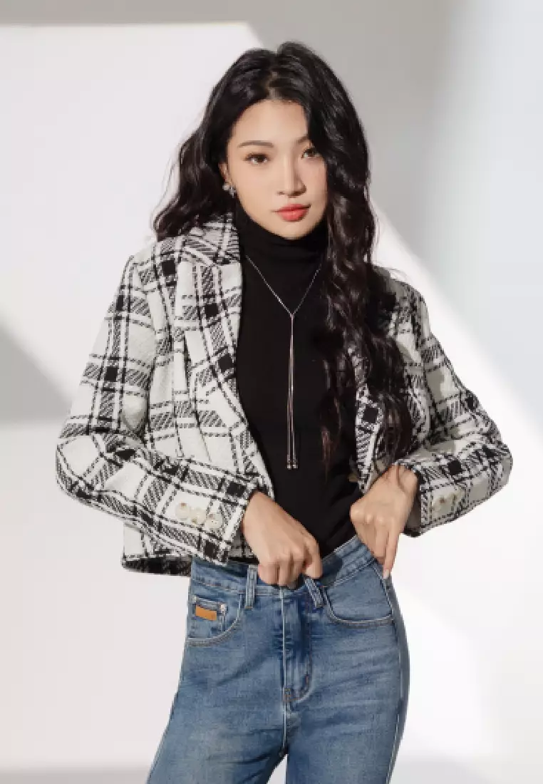 Lapel Plaid Short Version Long Sleeve Knit Suit Jacket [EA3592]