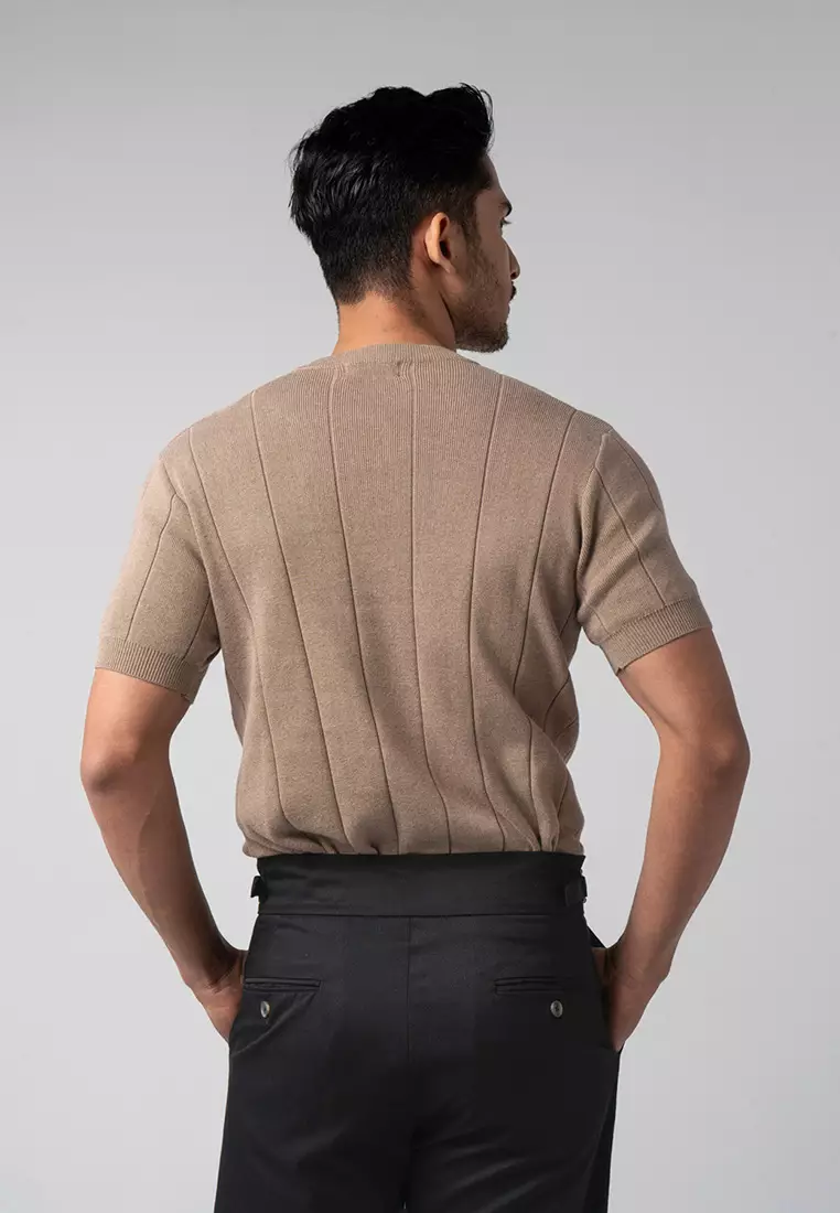 Mens Striped Knitted T-Shirt Cotton Light Brown SS