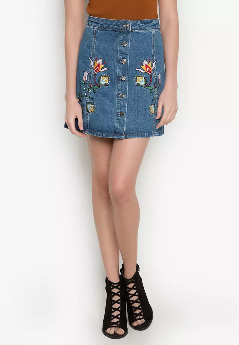 Knee length embroidered denim skirt best sale