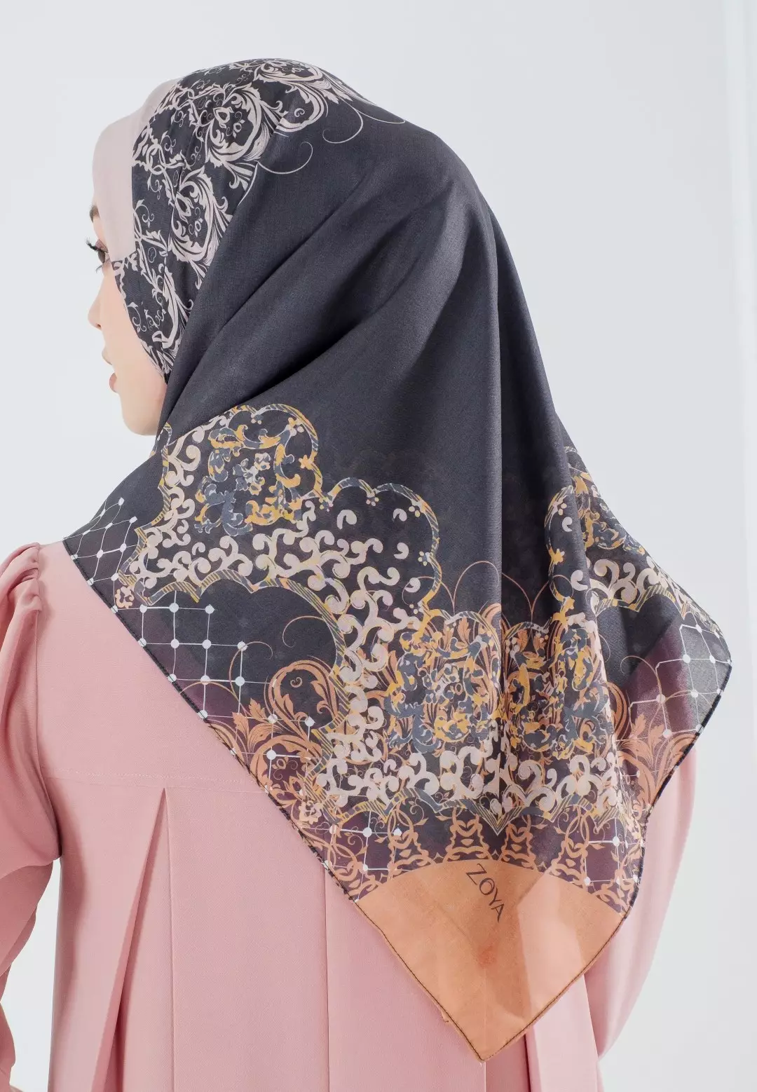 FUGY Scarf Black - Kerudung Hijab Segiempat Motif With BOX - Bahan Voal Premium - Ukuran 115x115