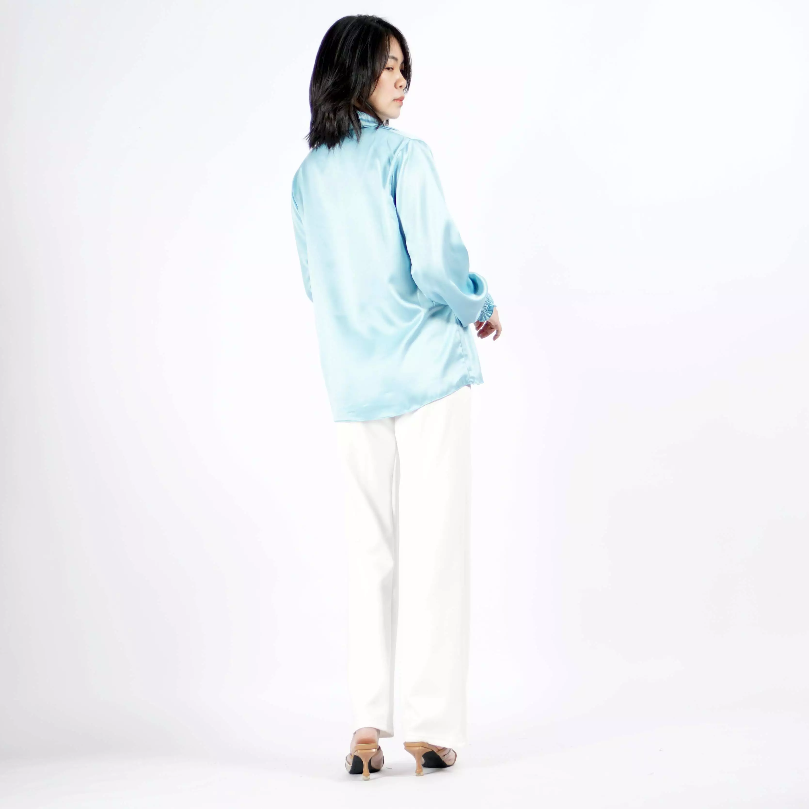  SAFIRE Top Satin Blouse Satin Gaya Korea Blus Elegan Krah V - Mint