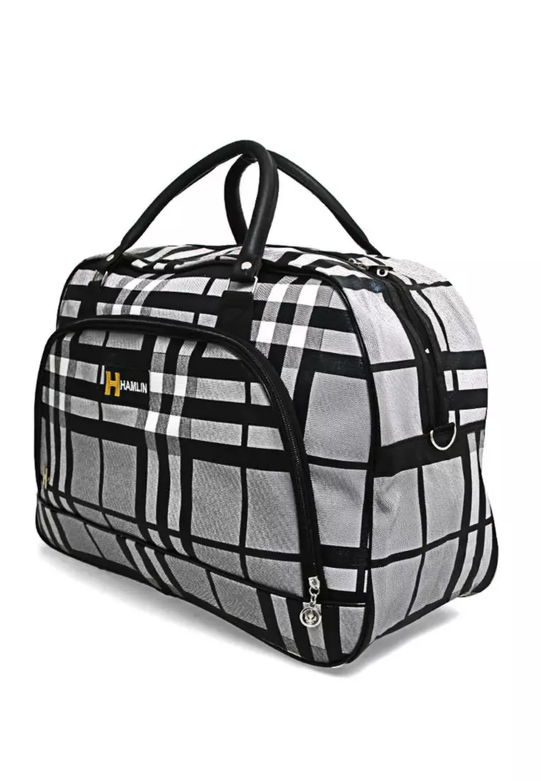 Semply Tas Travel Jinjing Bag 20 Inch Grid Motif Large Compartment Material Leather Kulit ORIGINAL - Black Grey