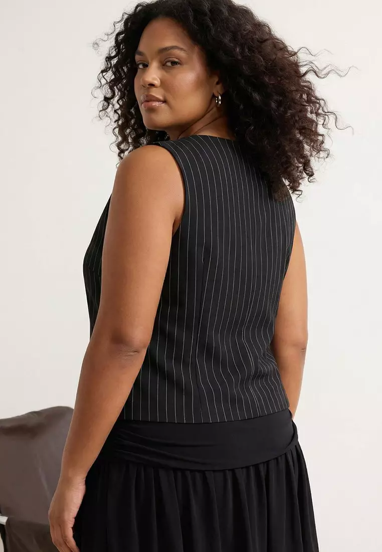 Black Striped Interlock Bow Detailed Knitted Plus Size Blouse Tbbss26Af00098