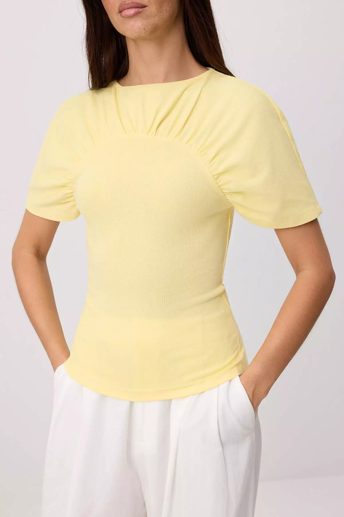 Yellow Fitted/Bodycon Boat Neck Short Sleeve 100% Cotton Knitted T-Shirt Twoss26Ts00264