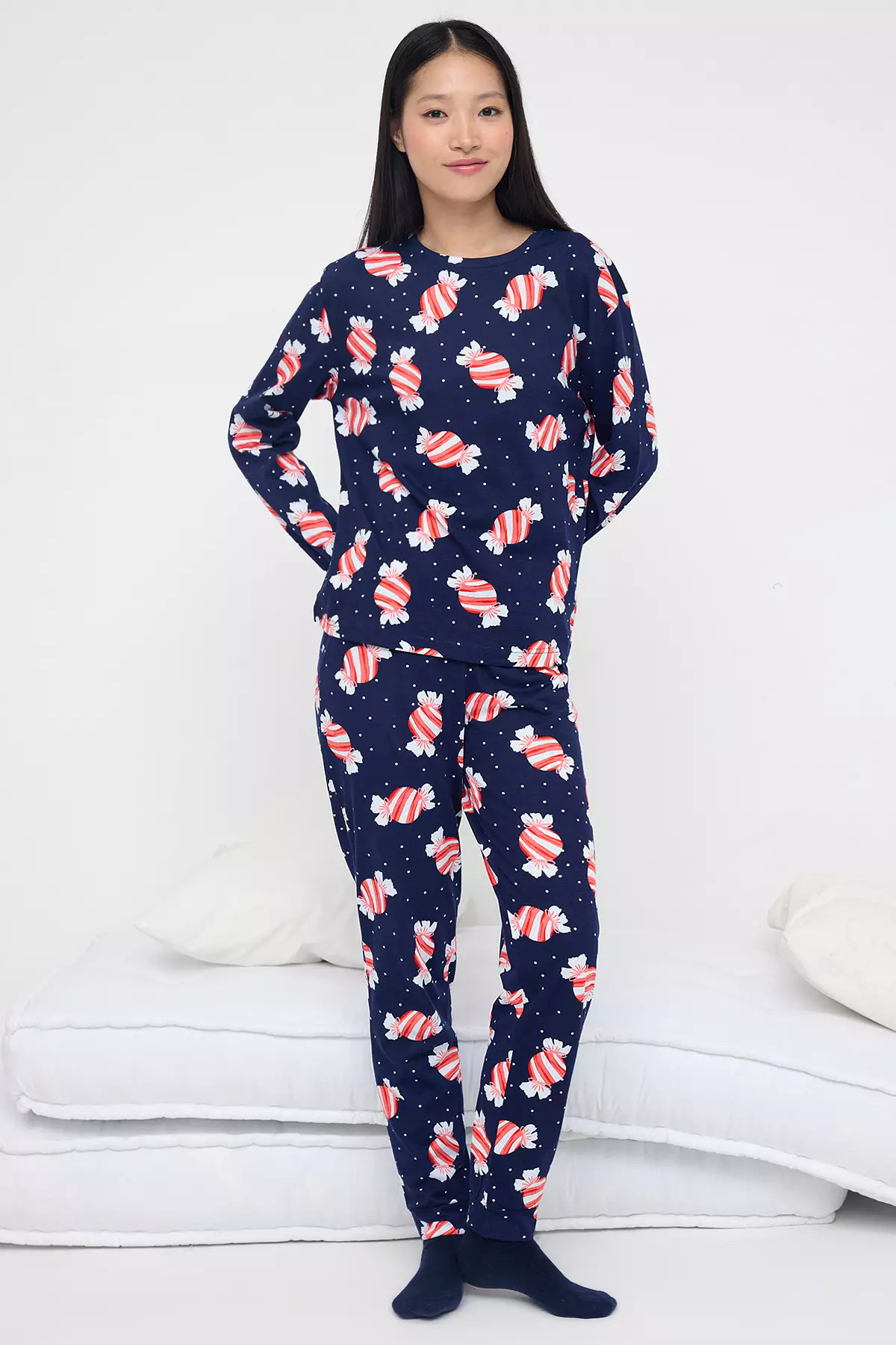 Teen Navy Blue 100% Cotton Fun Candy Printed Knitted Pajama Set Thmaw26Pt00018