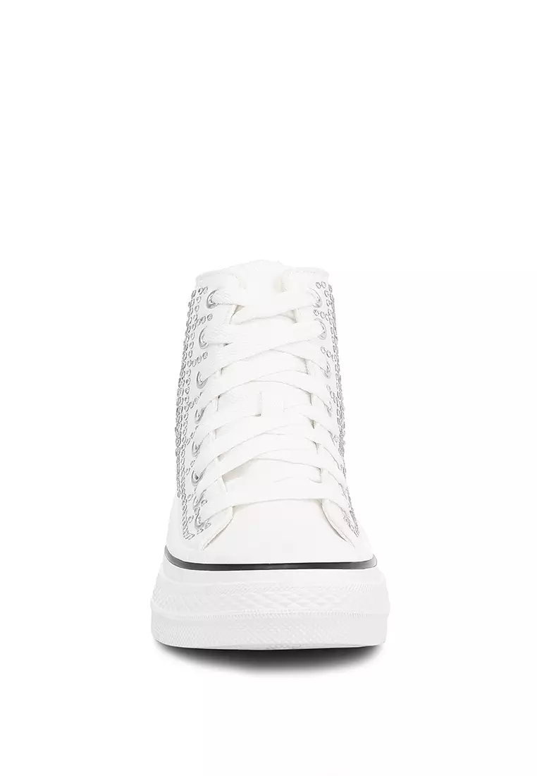 水钻装饰踝部白色运动鞋