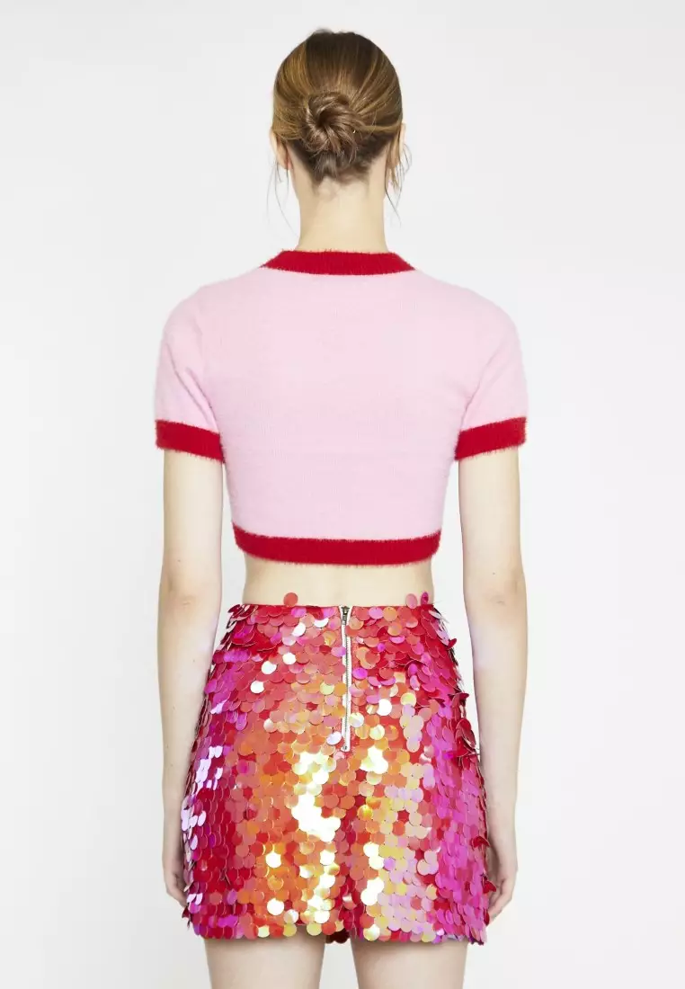 Pink-Red Flower Intarsia Knit Crop-Top