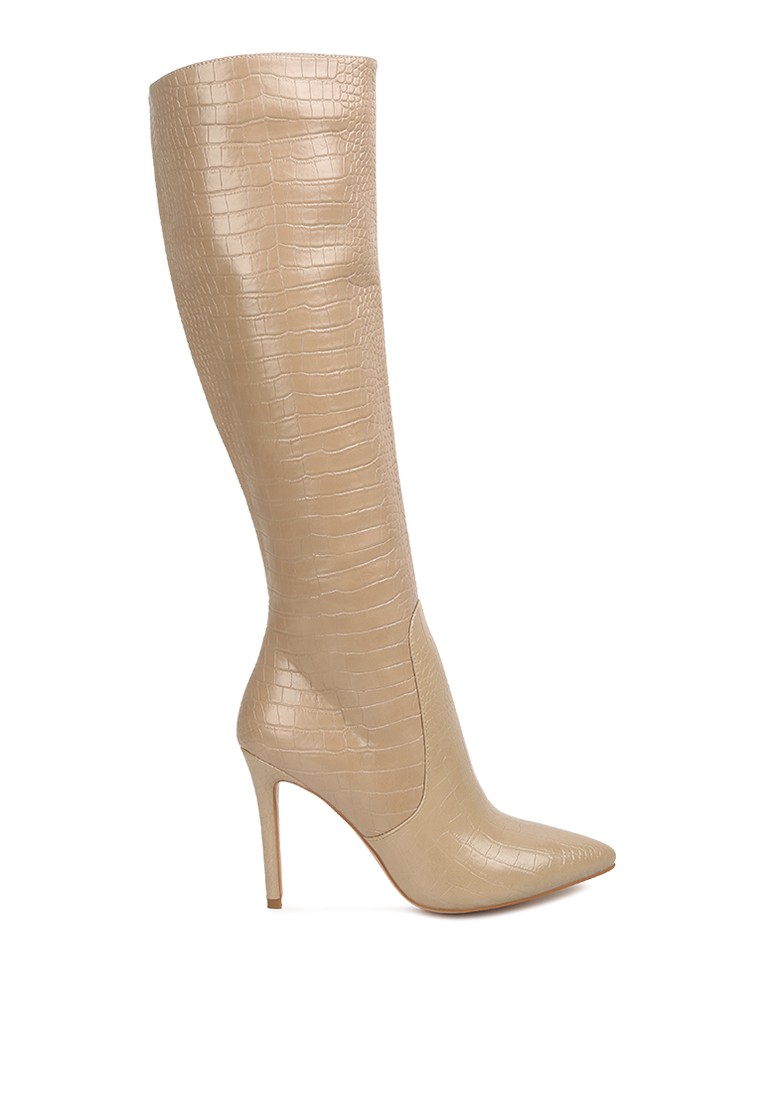 Nude High Heeled Croc Calf Boots