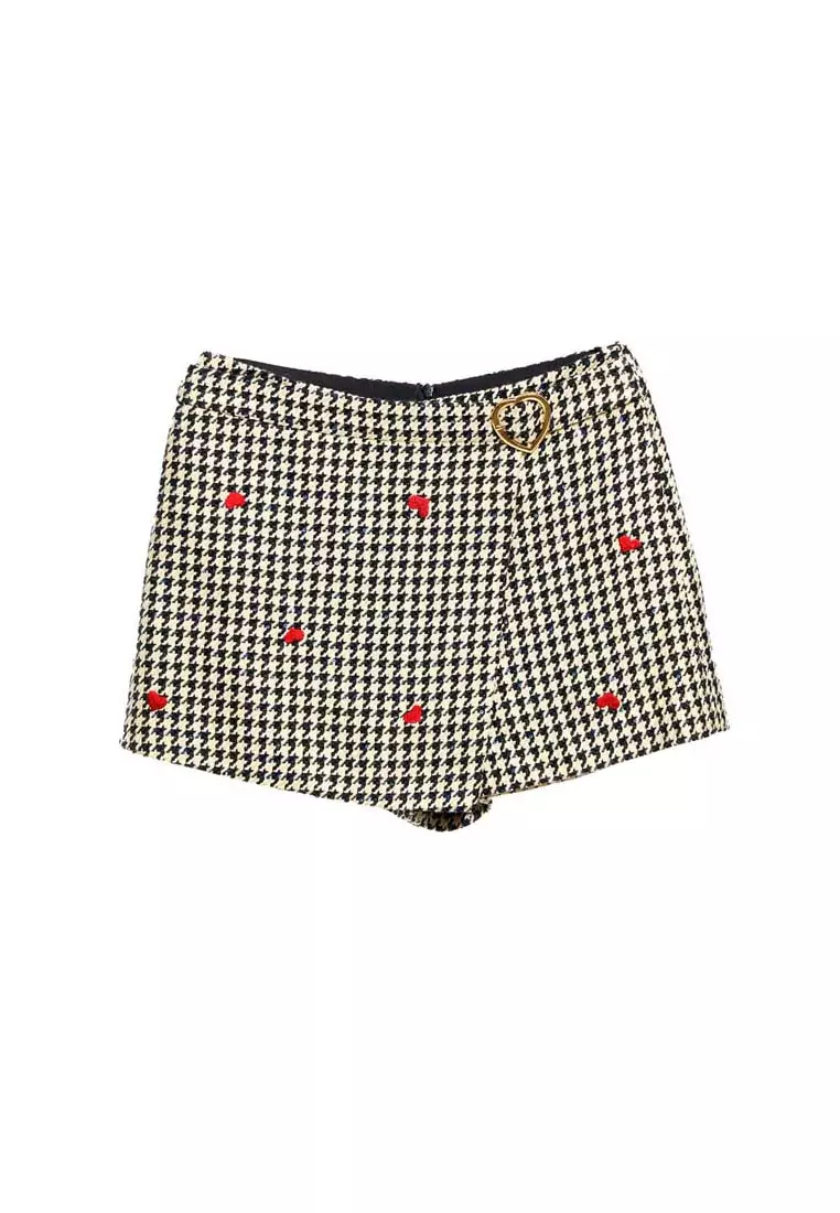 Houndstooth Print Skorts With Embroidered Heart Detail