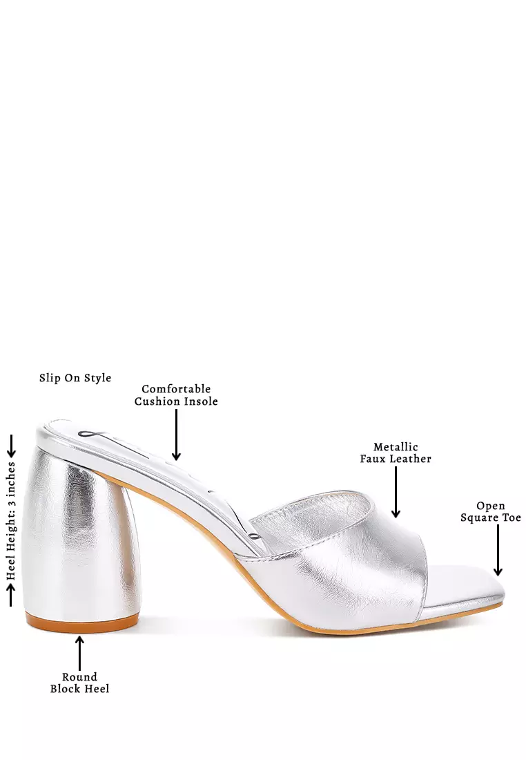 Metallic Faux Leather Slip On Sandals in Silver