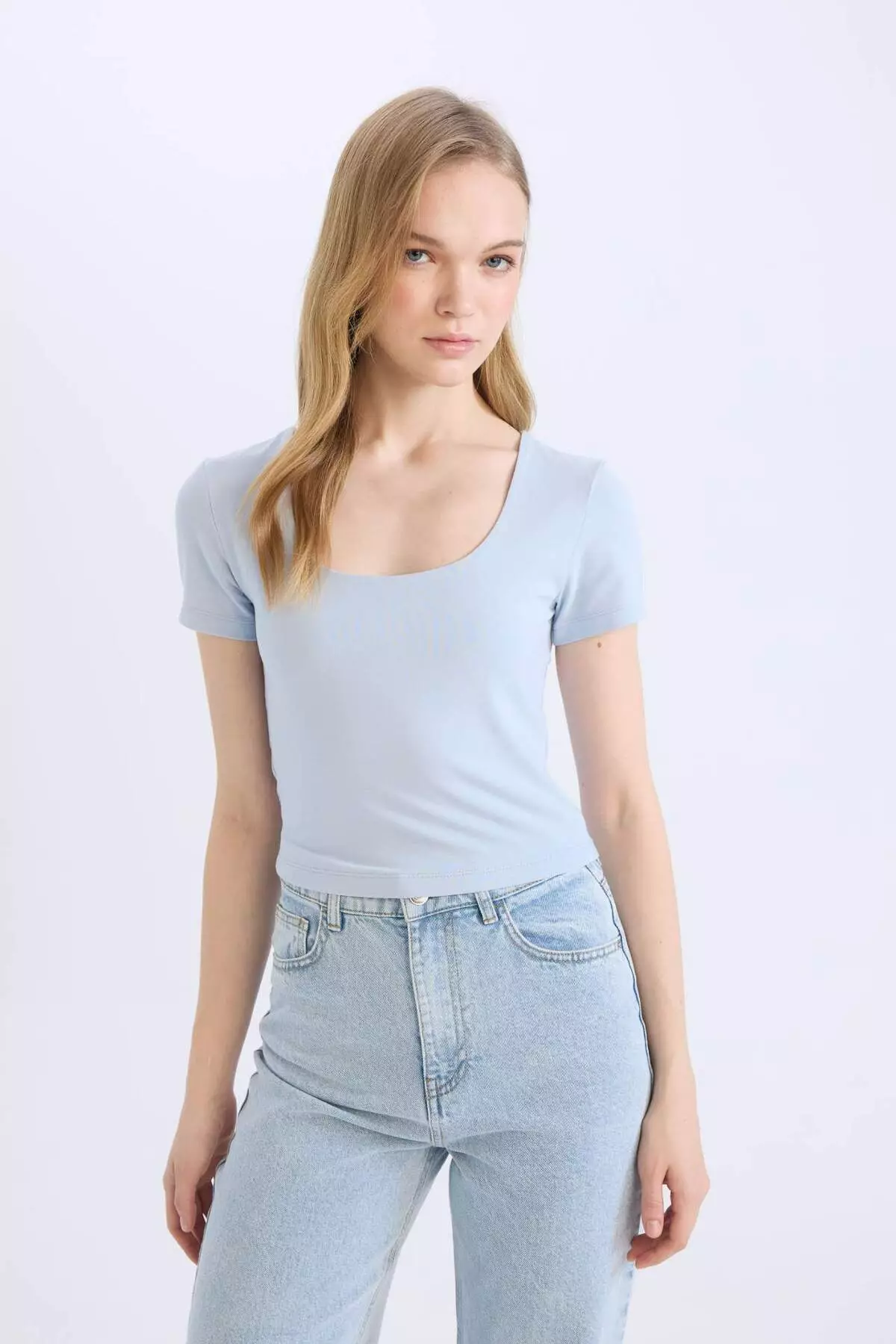 Fitted U Neck Basic Plain Short Sleeve T-Shirt C6102Ax25Sm