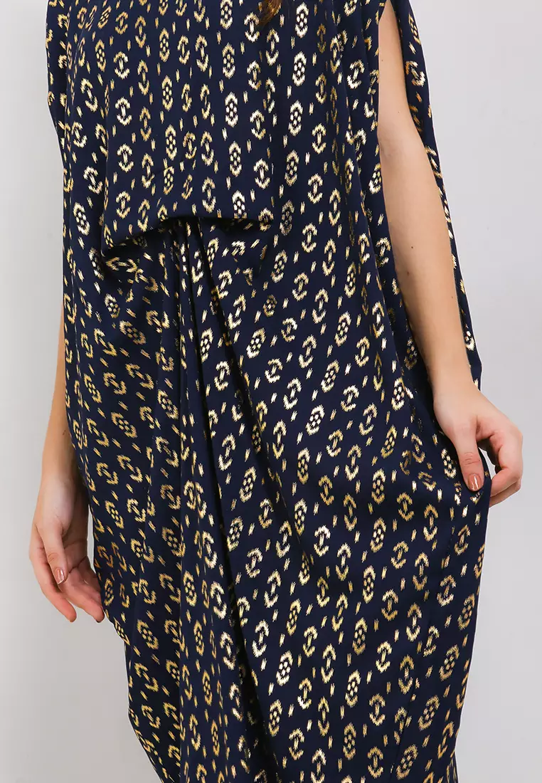 Gold Ethnic Print Ruched Kaftan