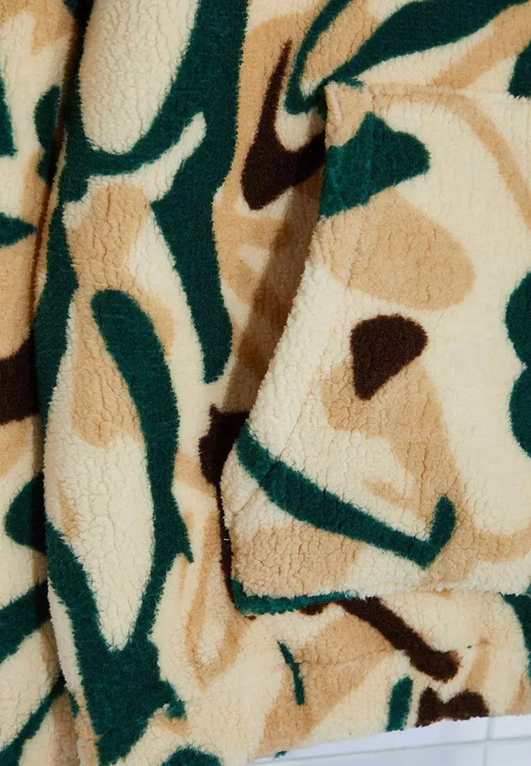 Multicolored Unisex Oversize/Wide Cut Patterned Sherpa Fleece/Plush Hooded Sweatshirt TMNAW25SW00147