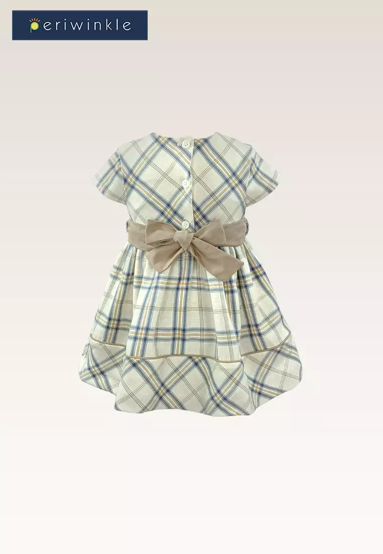 Molly Baby Girls Beige Belted Checkered Dress with Diaper Cover