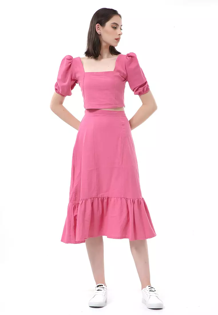 Nayra One Set Setelan Wanita Blouse Ruffle Lengan Pendek Midi Skirt Material Linen ORIGINAL - Fuschia
