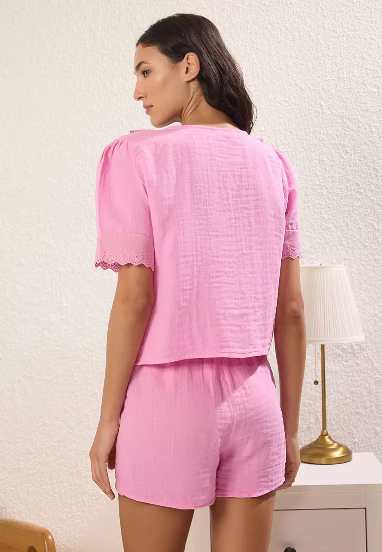 Pink 100% Cotton Embroidered Tie Detail Woven Pajama Set with Muslin Shorts THMSS25PT00029