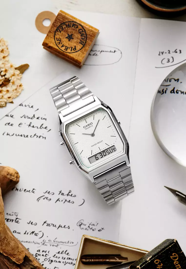 Vintage Women's Analog-Digital Watch AQ-230A-7AMQY Silver Stainless Steel Strap