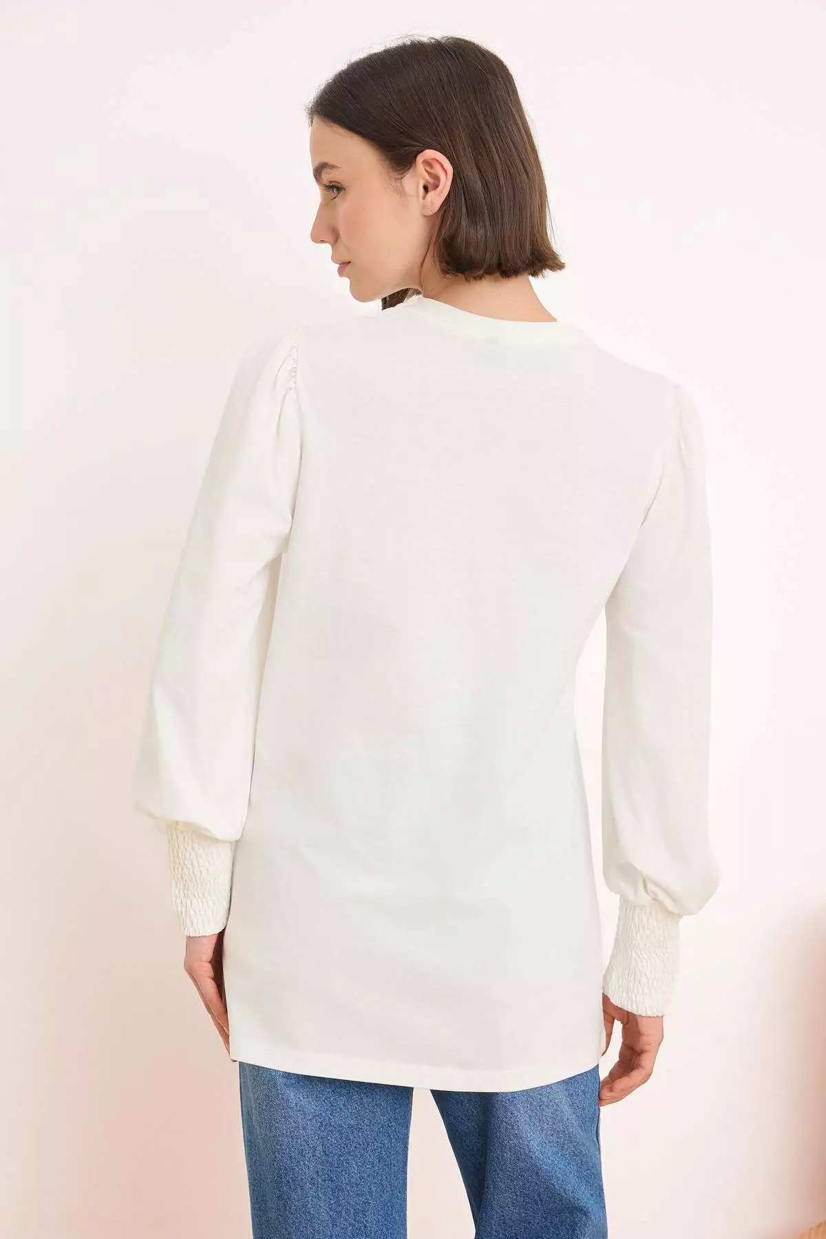 Ecru Regular Single Jersey Plain Knitted Sleeve Tip Gipe Detail Tctss26Uk00008