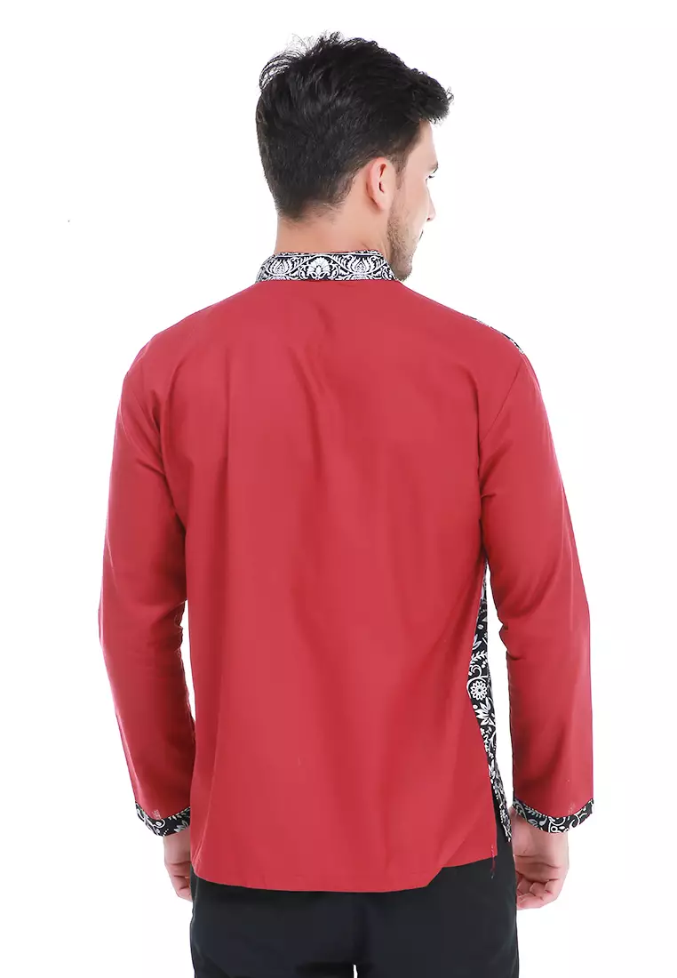 Dwan Kemeja Batik Pria Simple Atasan Formal Longsleeve Shirt Material Cotton ORIGINAL - Red