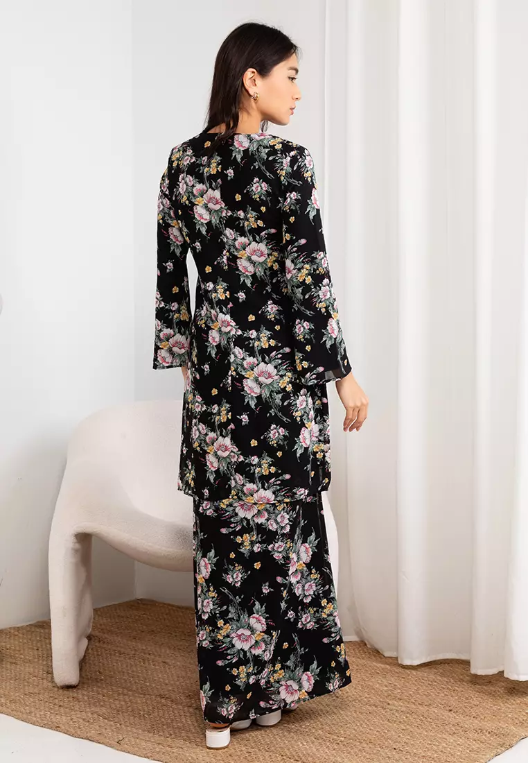 Full Bloom Floral Baju Kurung Moden Chiffon in Black